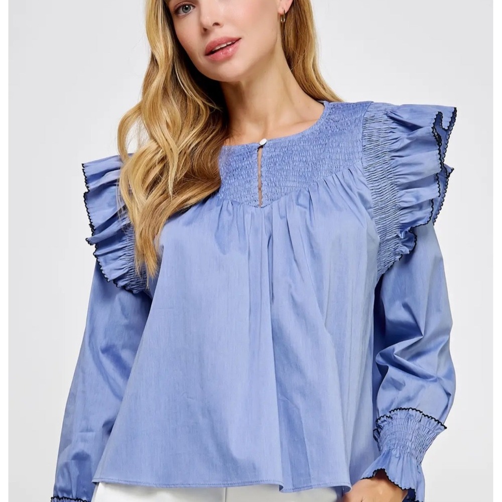 Strut & Bolt Smocked Ruffle‎ Sleeve Button Front Blouse Blue Medium